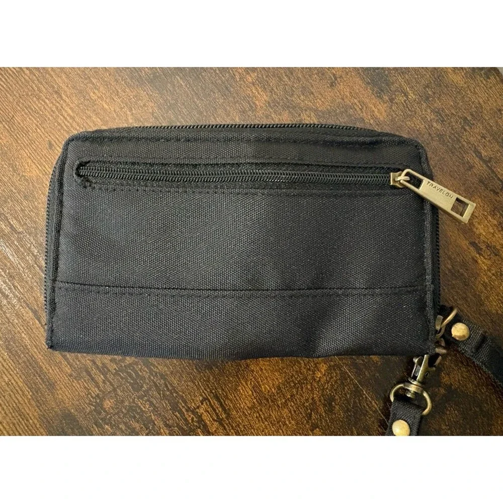 Travelon Wallet Clutch Wristlet Zip around Wrist Strap Black Turquoise Lining